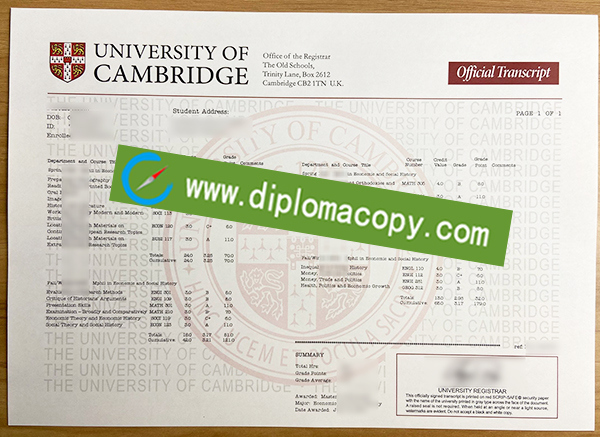 University of Cambridge transcript, University of Cambridge degree