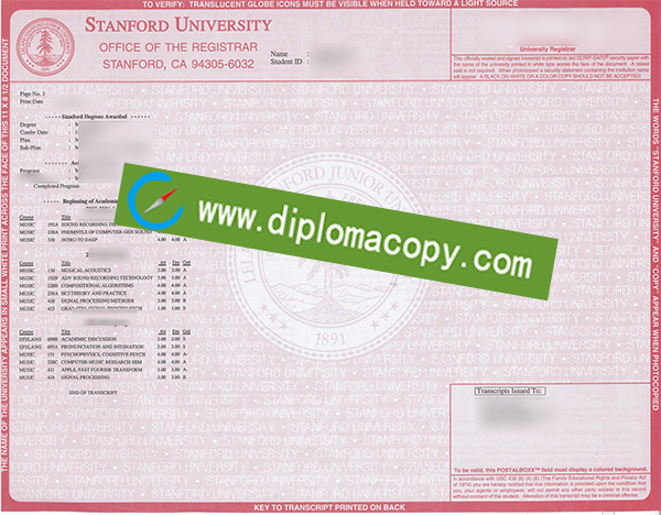 Stanford University diploma, Stanford University transcript