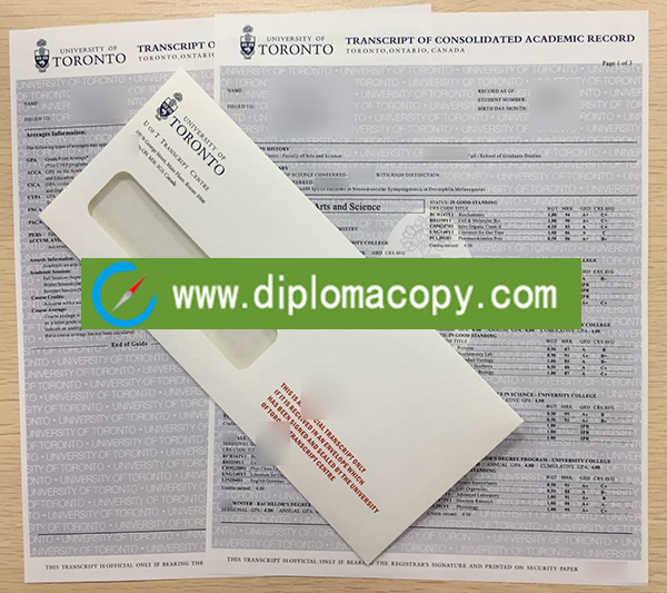 University of Toronto official transcript and envelope