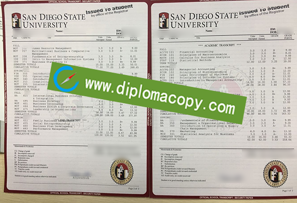 San Diego State University transcript, buy fake SDSU transcript