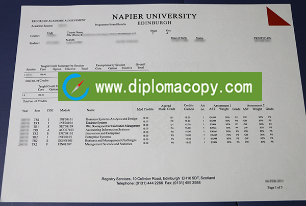 buy fake transcript, Edinburgh Napier University fake transcript