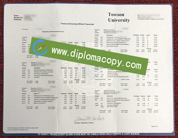 Towson University fake transcript, Towson University certificate