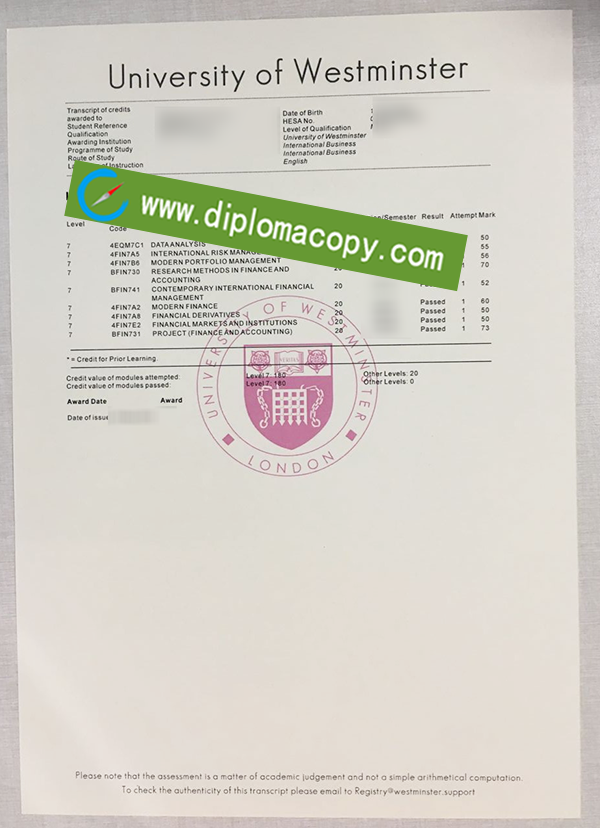 University of Westminster transcirpt, fake University of Westminster certificate