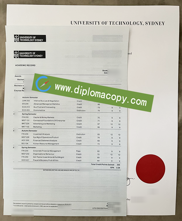 University of Technology Sydney degree, UTS transcript
