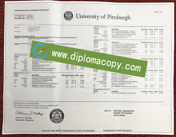 University of Pittsburgh transcript, University of Pittsburgh degree
