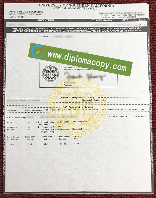 USC fake certificate, University of Southern California transcript